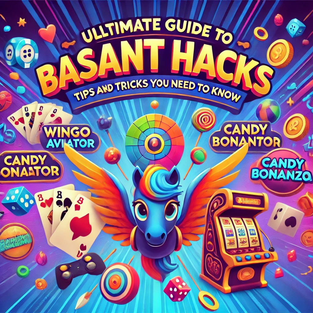 A vibrant and playful featured image for an article titled "Ultimate Guide to Basant Club Hacks: Tips and Tricks You Need to Know." The design includes colorful icons of popular games like Wingo, Aviator, Candy Bonanza, Rummy, and slot games, with a bold title on a blue and purple gradient background. Icons of cards, dice, and coins are scattered around to emphasize a gaming theme.