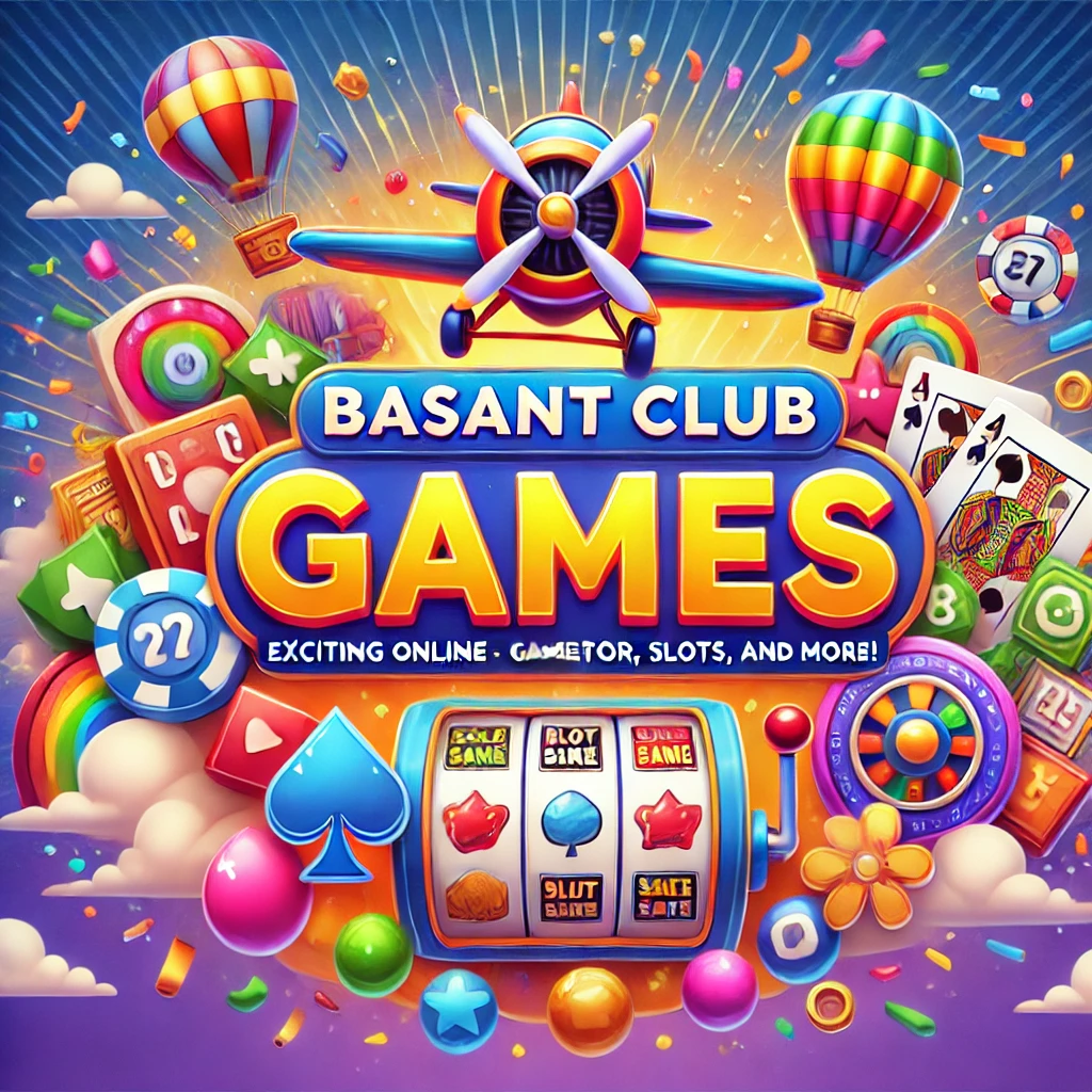 Featured image for Basant Club Games showcasing colorful icons representing online color games, Aviator game with a plane, slot machine, and card games, set against a lively background with bright colors and confetti accents.