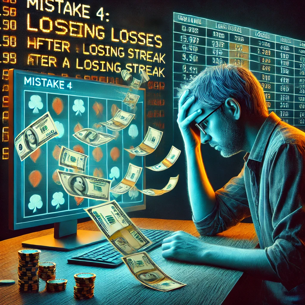 Frustrated man experiencing losses while playing Basant Club, with dollar bills flowing out from the computer screen. Highlights the common pitfall of chasing losses in Basant Club Color Prediction.
