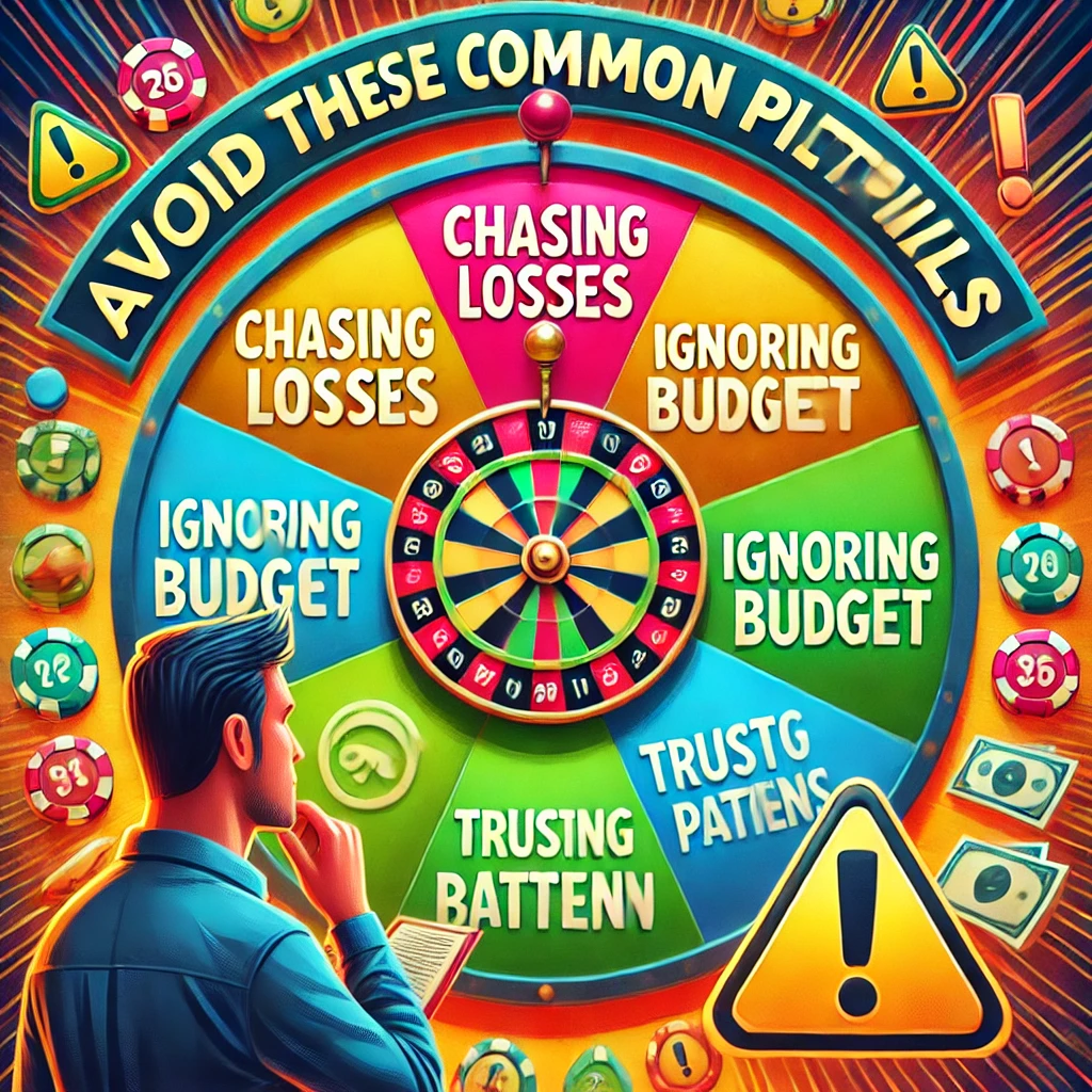 Colorful wheel illustrating common pitfalls in Basant Club Color Prediction, with sections labeled as mistakes like 'Chasing Losses,' 'Ignoring Budget,' and 'Trusting Patterns.' A thoughtful player looks at the wheel, surrounded by warning symbols and gaming elements.