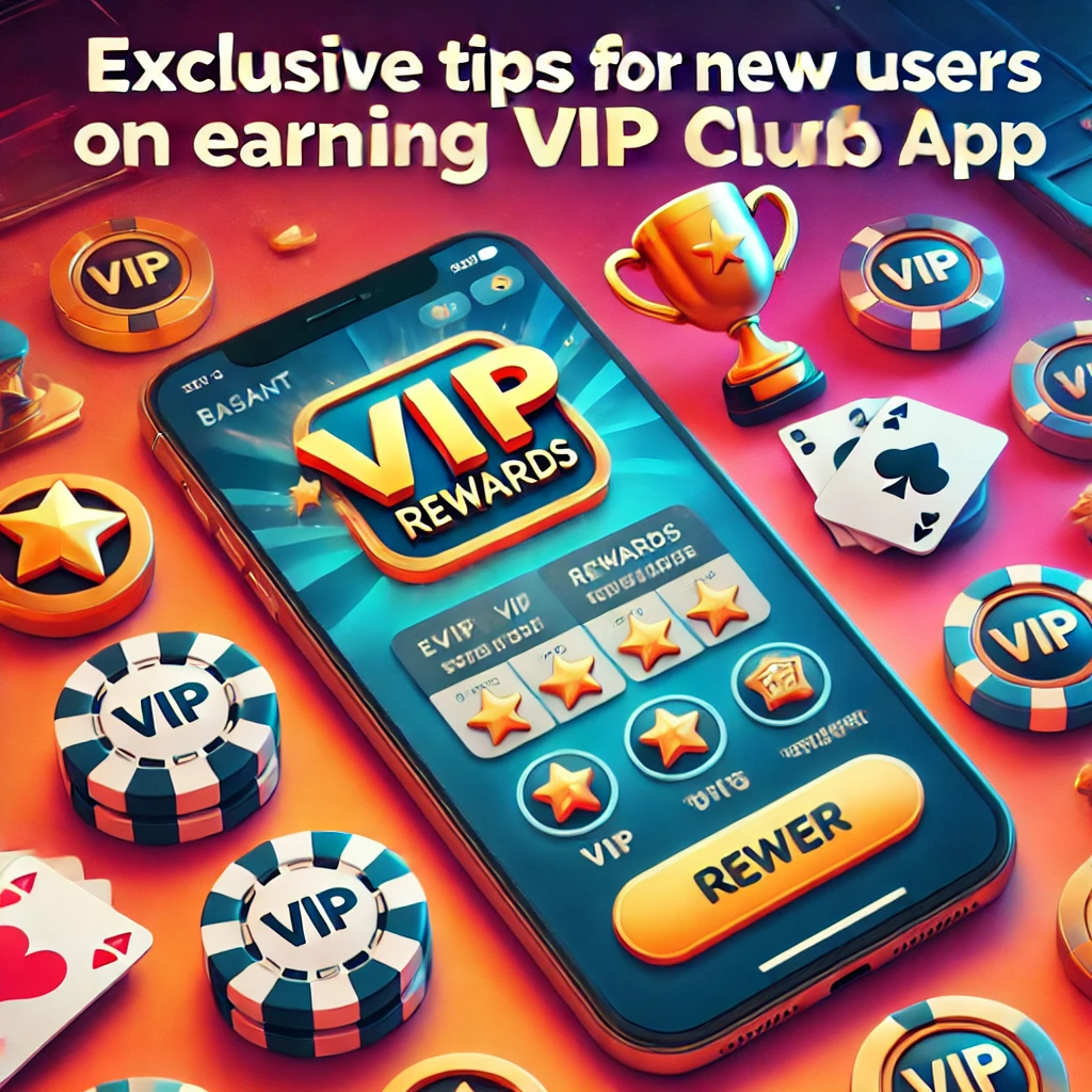 Smartphone displaying the BasantClub App with VIP rewards icons, including stars, coins, and a trophy, against a vibrant background. Text overlay reads 'Exclusive Tips for New Users,' suggesting guidance on earning VIP rewards.