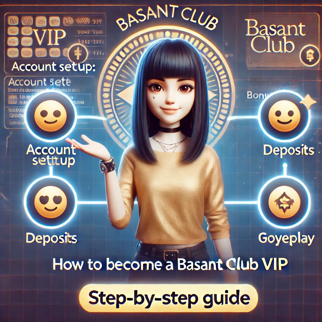 the guide 'How to Become a Basant Club VIP: Step-by-Step Guide,' showing a friendly AI-generated girl with the Basant Club logo in the background. The image includes icons symbolizing steps like account setup, deposits, gameplay, and bonuses, providing a visual path to VIP status.