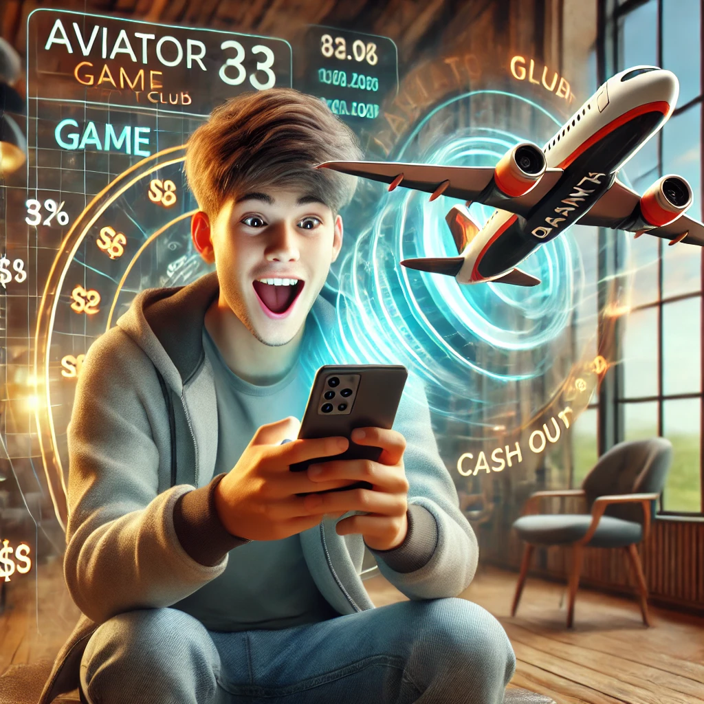 A young adult enthusiastically playing the Aviator Game on a smartphone with the Basant Club logo on the screen. The image features a virtual plane and multiplier symbols, symbolizing the excitement of winning and cashing out in the game.