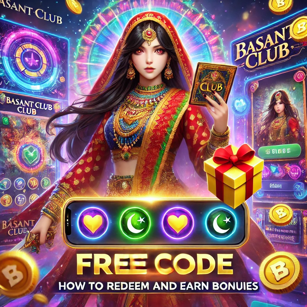 A vibrant featured image showcasing a Pakistani girl in traditional attire holding a card with the text 'Basant Club Free Gift Code.' The background includes gaming-themed visuals with coins, gems, and a gift box, along with the Basant Club logo. The text 'Basant Club Free Gift Code Guide: How to Redeem and Earn Bonuses' is displayed prominently, highlighting the rewards and excitement.