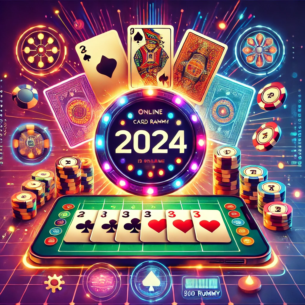 A digital card table featuring popular rummy games like Classic Rummy, Indian Rummy, Gin Rummy, and 500 Rummy, with vibrant colors and a modern gaming interface for 2024.