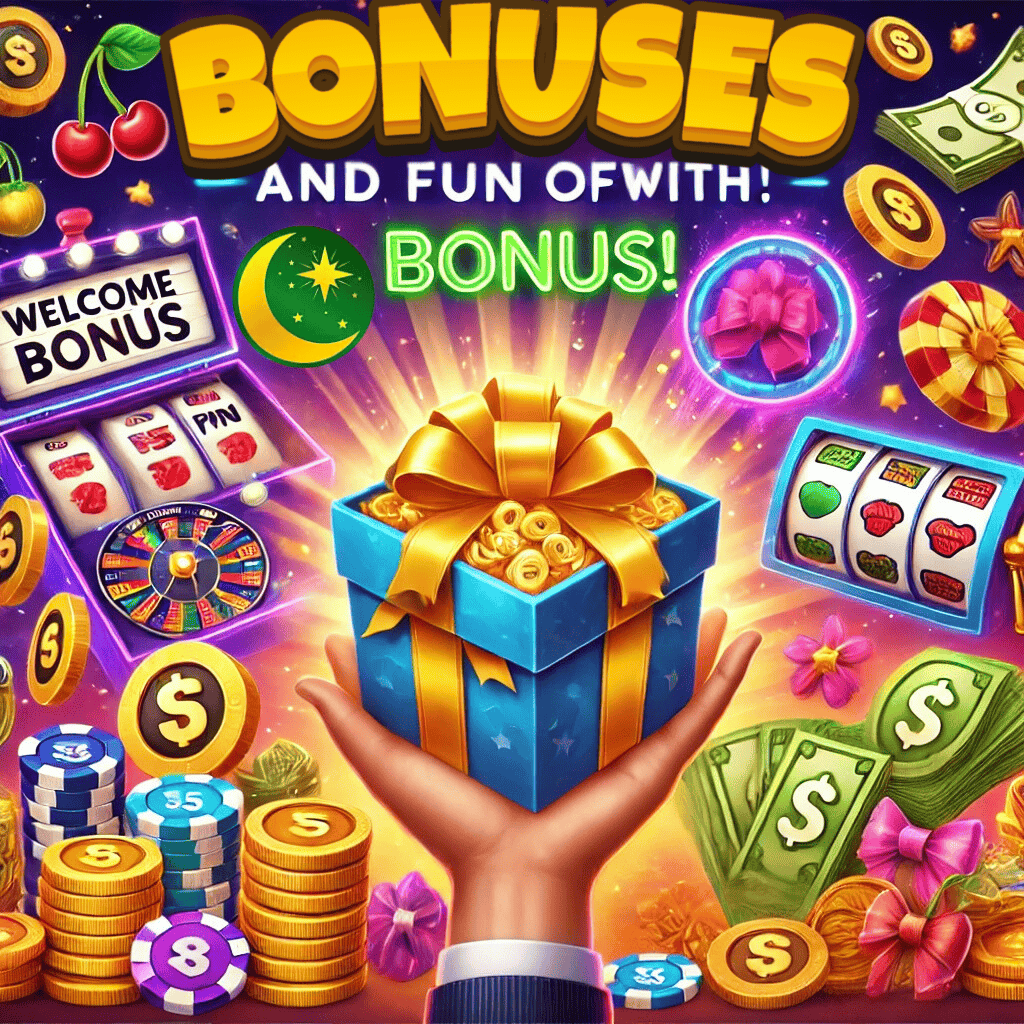 Illustration of exciting bonuses and promotions for Basant Club games, featuring a gift box with coins, a glowing 'Welcome Bonus' banner, colorful chips, and slot symbols. A hand receives free spin tokens, representing boosted payouts and extra play money in Basant Club games.