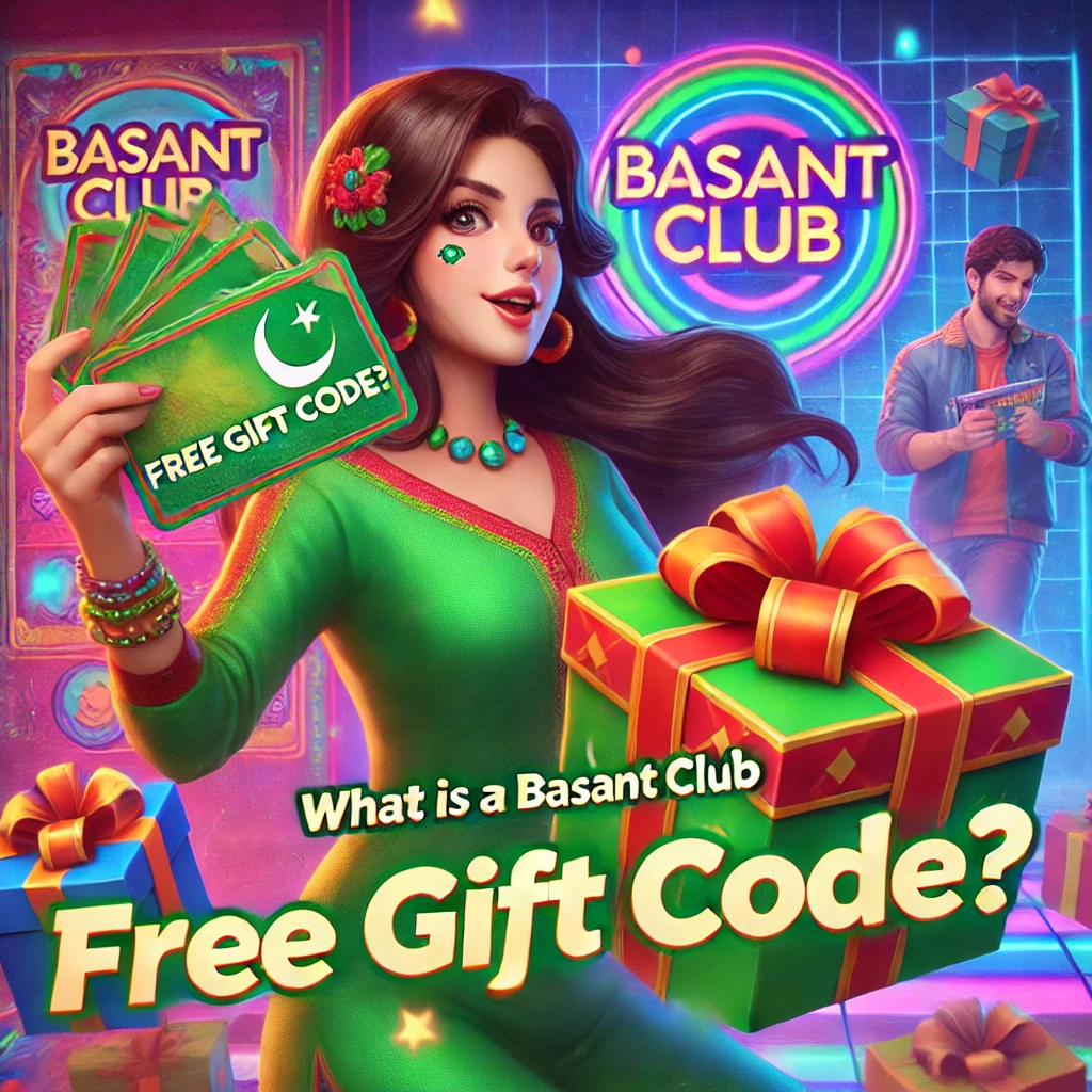 An engaging image featuring a Pakistani girl holding cards with a Basant Club logo, representing the concept of Basant Club Gift Code. The background includes a colorful gaming environment, gift boxes, and the text 'What is a Basant Club Free Gift Code?' in bold, fun fonts.