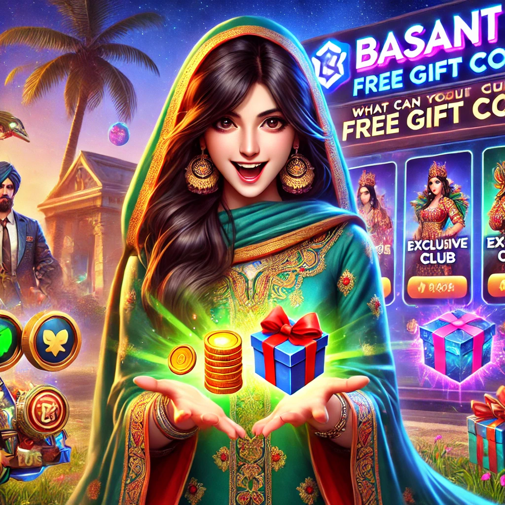 A vibrant image showcasing the rewards you can get with a Basant Club Gift Code, featuring a Pakistani girl holding gaming items like coins, gems, and power-ups with excitement. The background includes a gaming-themed environment and the Basant Club logo.