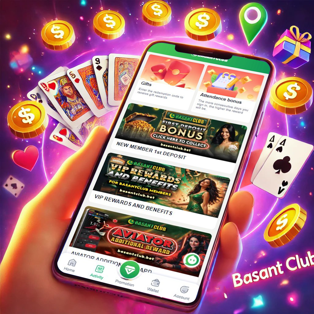 Basant Club app interface showing card games and live betting options. and other bonus and vip rewards
