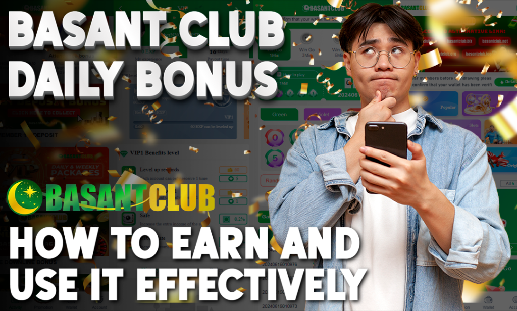 A person holding a smartphone and looking thoughtful, with a screen showing the Basant Club Daily Bonus page and rewards. Confetti is falling around the person, creating a celebratory atmosphere.