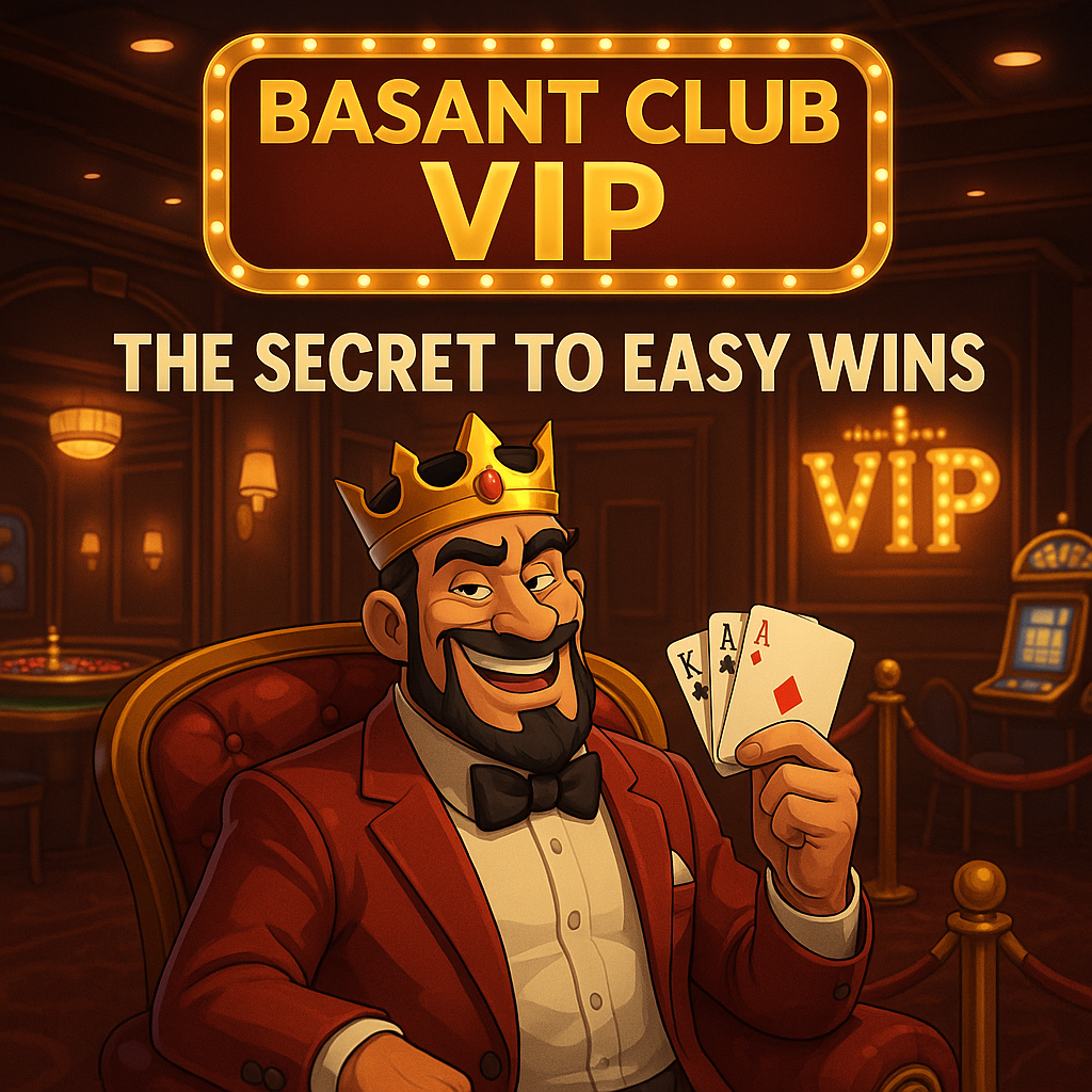 A cartoon-style illustration showing a confident VIP casino character in a red suit and crown, seated in a luxurious lounge. He is holding playing cards (King and Ace) with a bright "Basant Club VIP" sign above him and the tagline "The Secret to Easy Wins." The background features a high-end casino setting with warm lighting and a glowing VIP sign.
