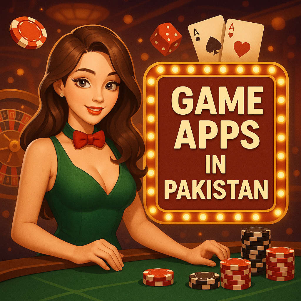 A digital illustration of a glamorous female casino dealer in a green dress and red bow tie standing at a poker table with chips. Behind her is a glowing marquee sign that reads "Game Apps in Pakistan," accompanied by two playing cards and a red dice, set in a vibrant casino environment.
